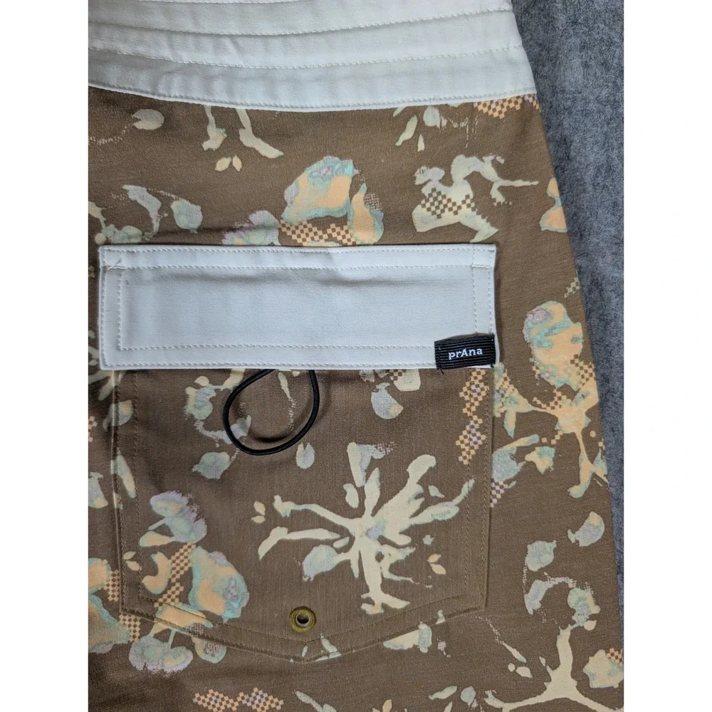 prAna Mens Brown Abstract Floral Scalloped Hem Board Shorts Swim Trunks 28/06